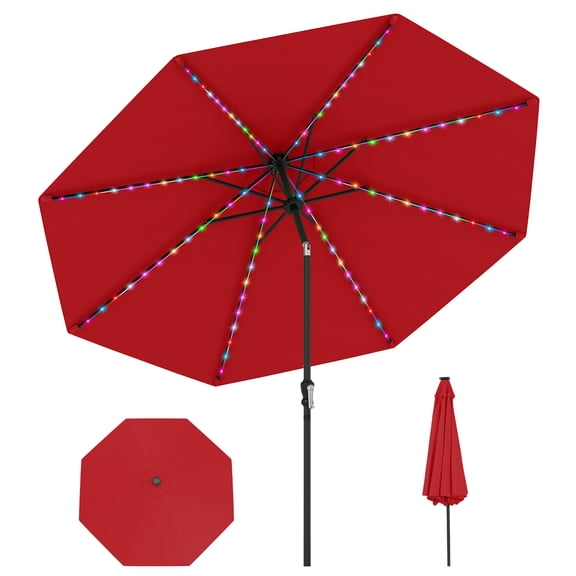 Gymax 10 FT Solar Patio Umbrella w/96 Multi-colored LED Lights & 9 Modes Vented Top Red