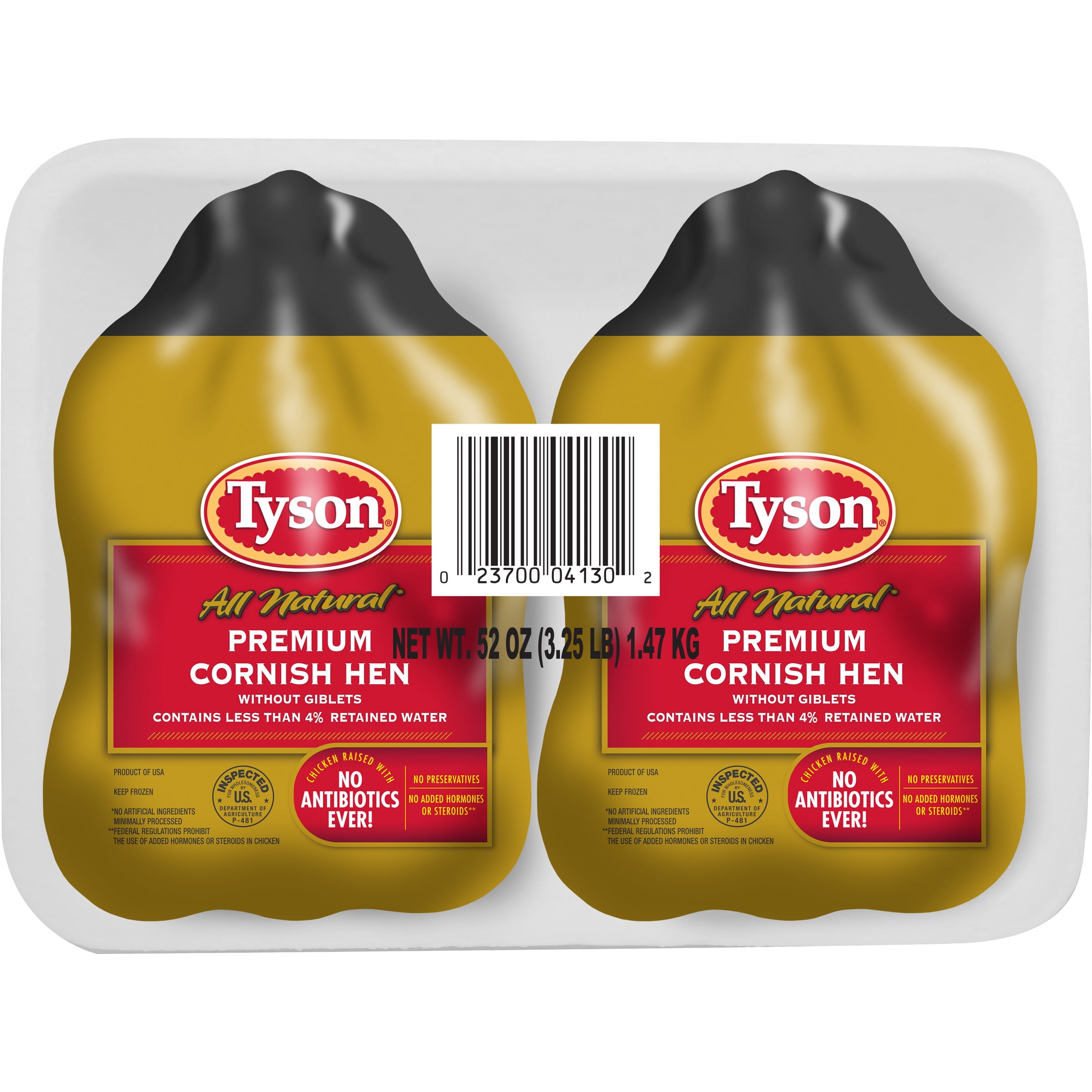 Tyson Premium Chicken Whole Cornish Hen, Twin Pack, 3.25 lb (Frozen)