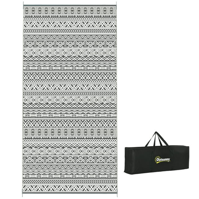 Outsunny Waterproof Outdoor Rug with Carry Bag 9' x 18' Grey, Cream Boho