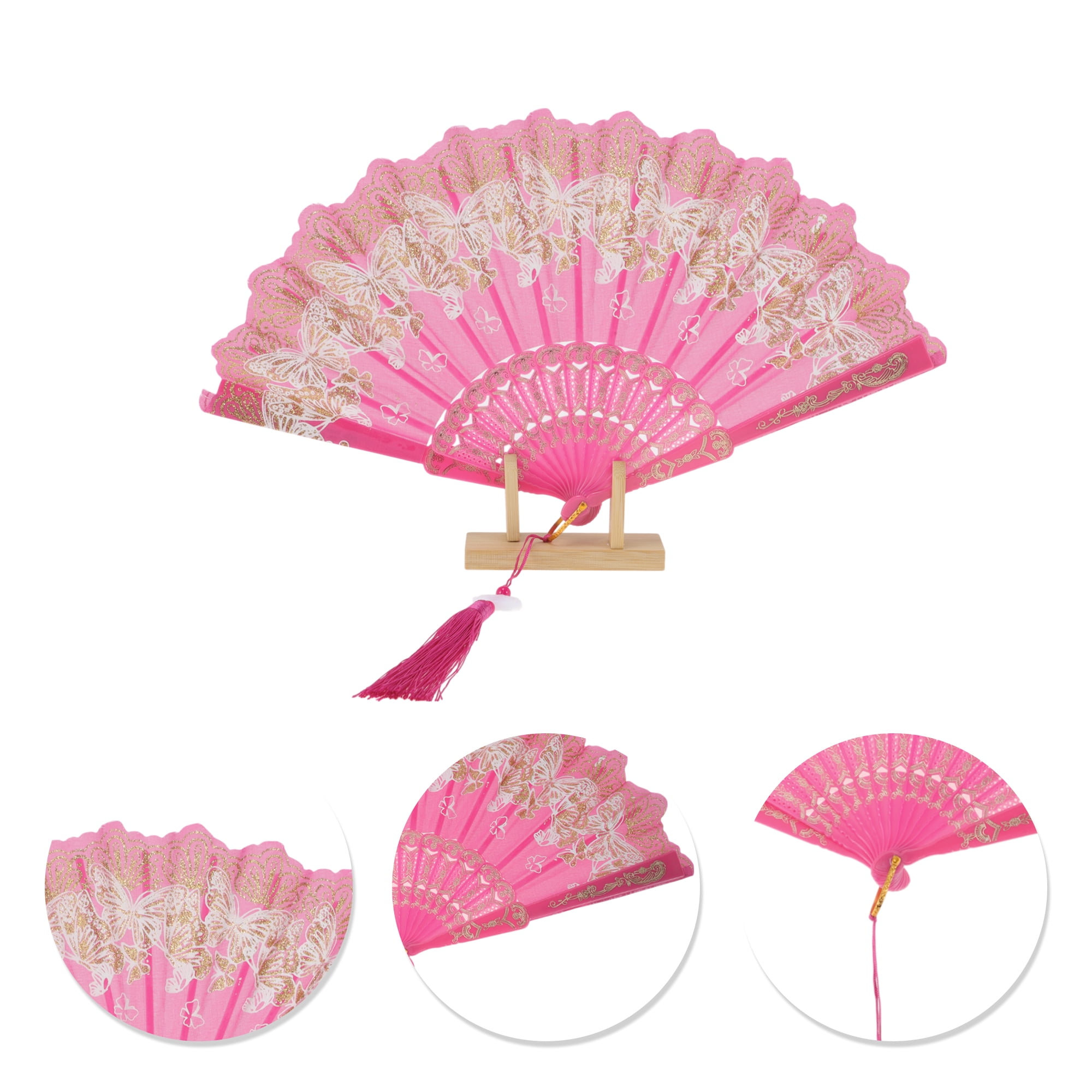 Unique Bargains Elegant Butterfly With Tassel Folding Fan 1PC Rose Red