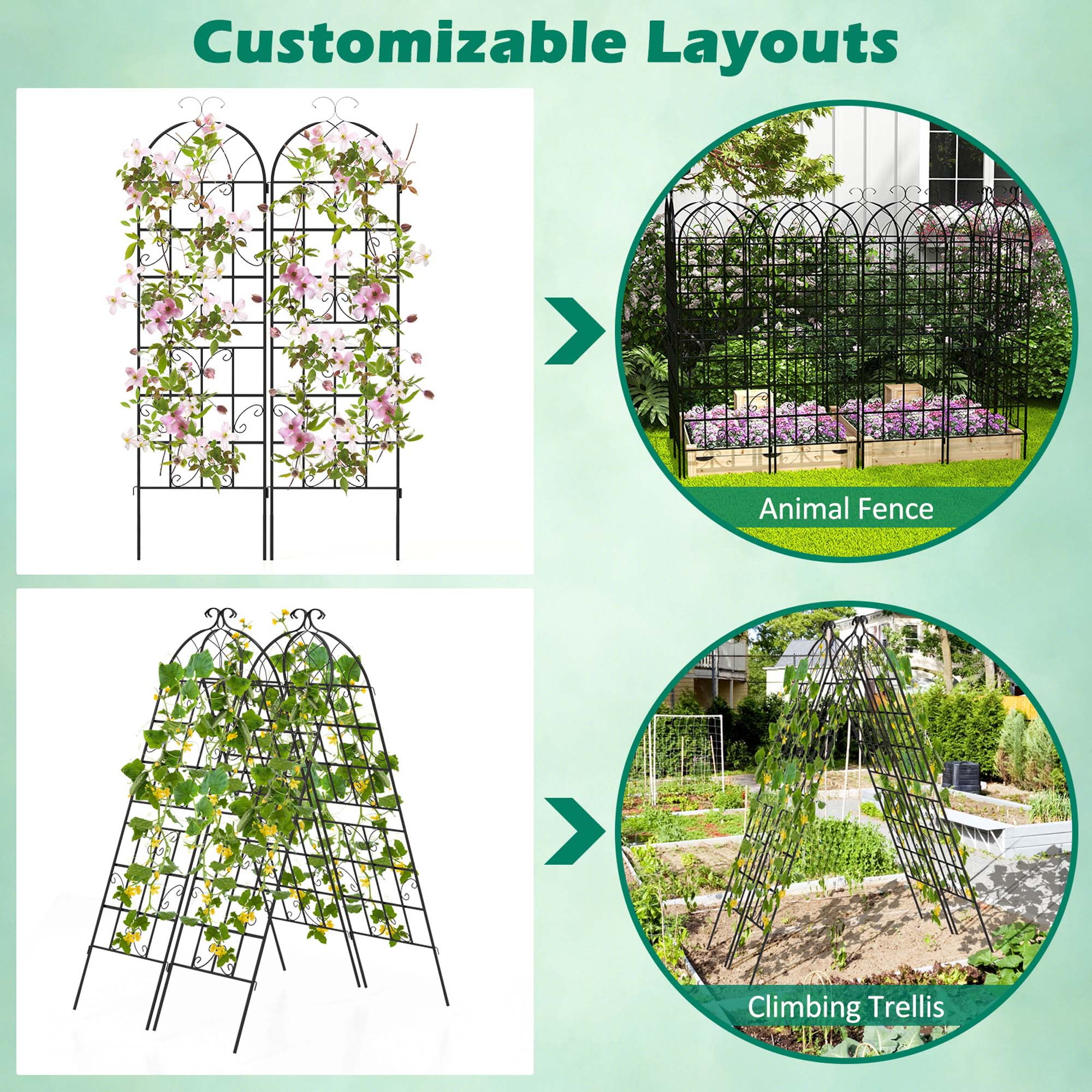 Costway 71" Tall Metal Garden Trellis for Climbing Plants 2 Pack Fence Panels Retro