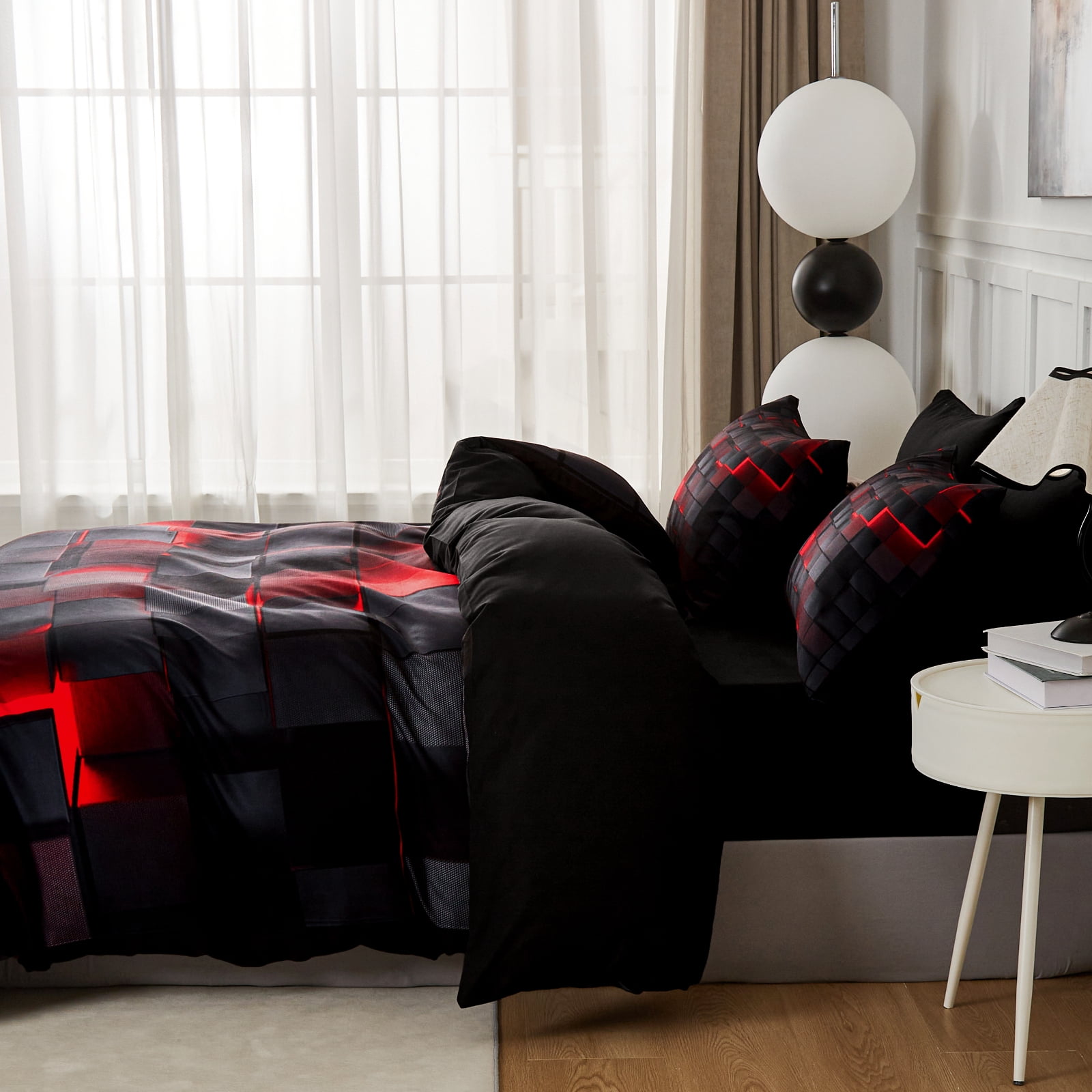 Flymme 3 Pieces Bedding Duvet Cover Set Queen Size Comforter Cover with Red Neon Light Pattern Modern Queen Duvet Cover Gift for Teen Men Bedroom Decor