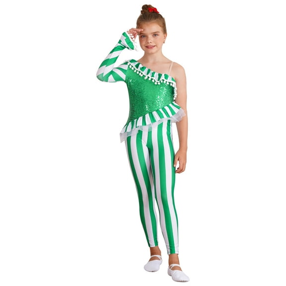 YEAHDOR Kids Girls Candy Cane Dance Bodysuit Xmas Holiday Santa Claus Costume One Shoulder Jumpsuit Unitard Green 6