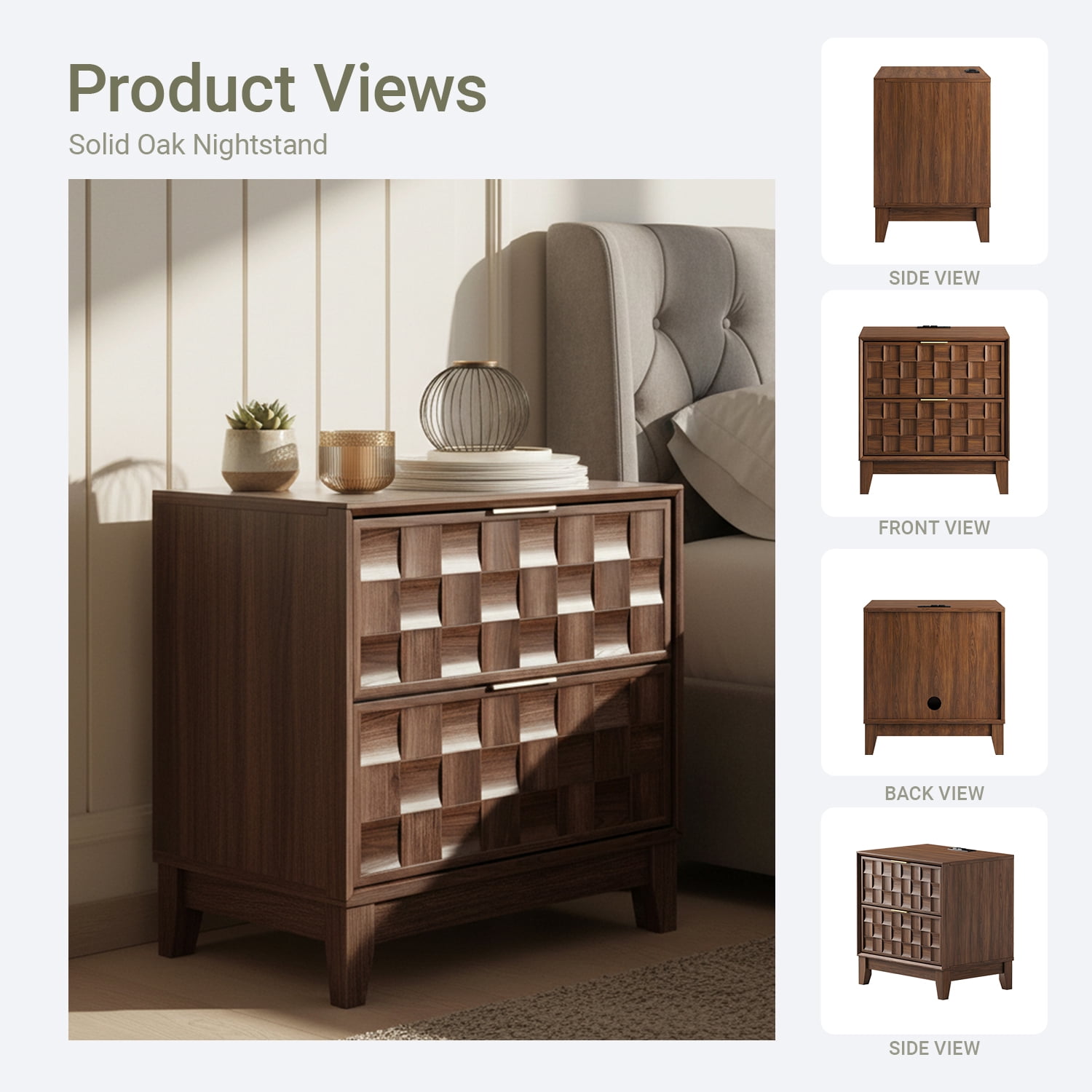 Nightstand with Charging Station, Modern 2 Drawer Bedside Table with Storage, 1 pack,Walnut