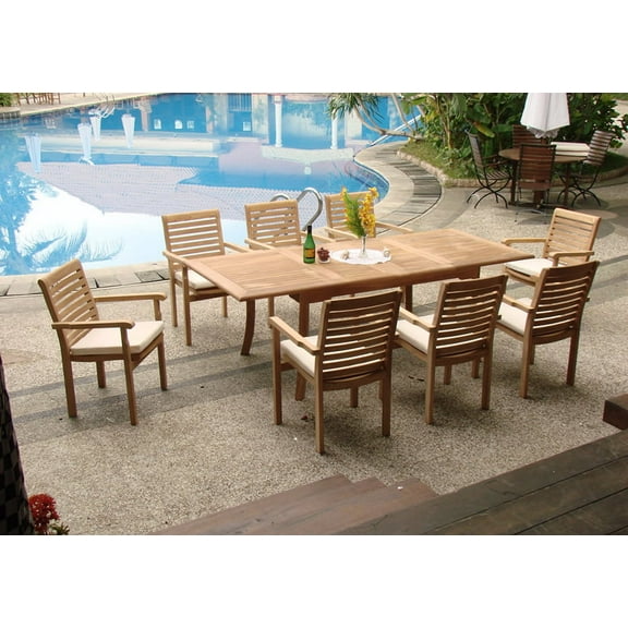 Teak Dining Set:8 Seater 9 Pc - 94" Rectangle Table and 8 Hari Stacking Arm Chairs Outdoor Patio Grade-A Teak Wood WholesaleTeak #WMDSHR7