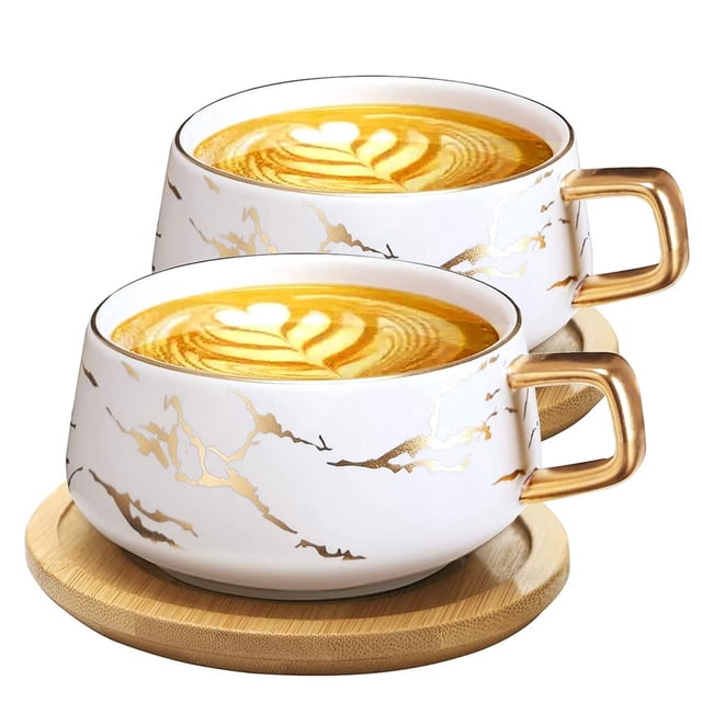 2 tazas de capuchino con platillo, tazas de porcelana de 300 ml para café, té y capuchino, tazas de café con disco de madera (blanco*2)