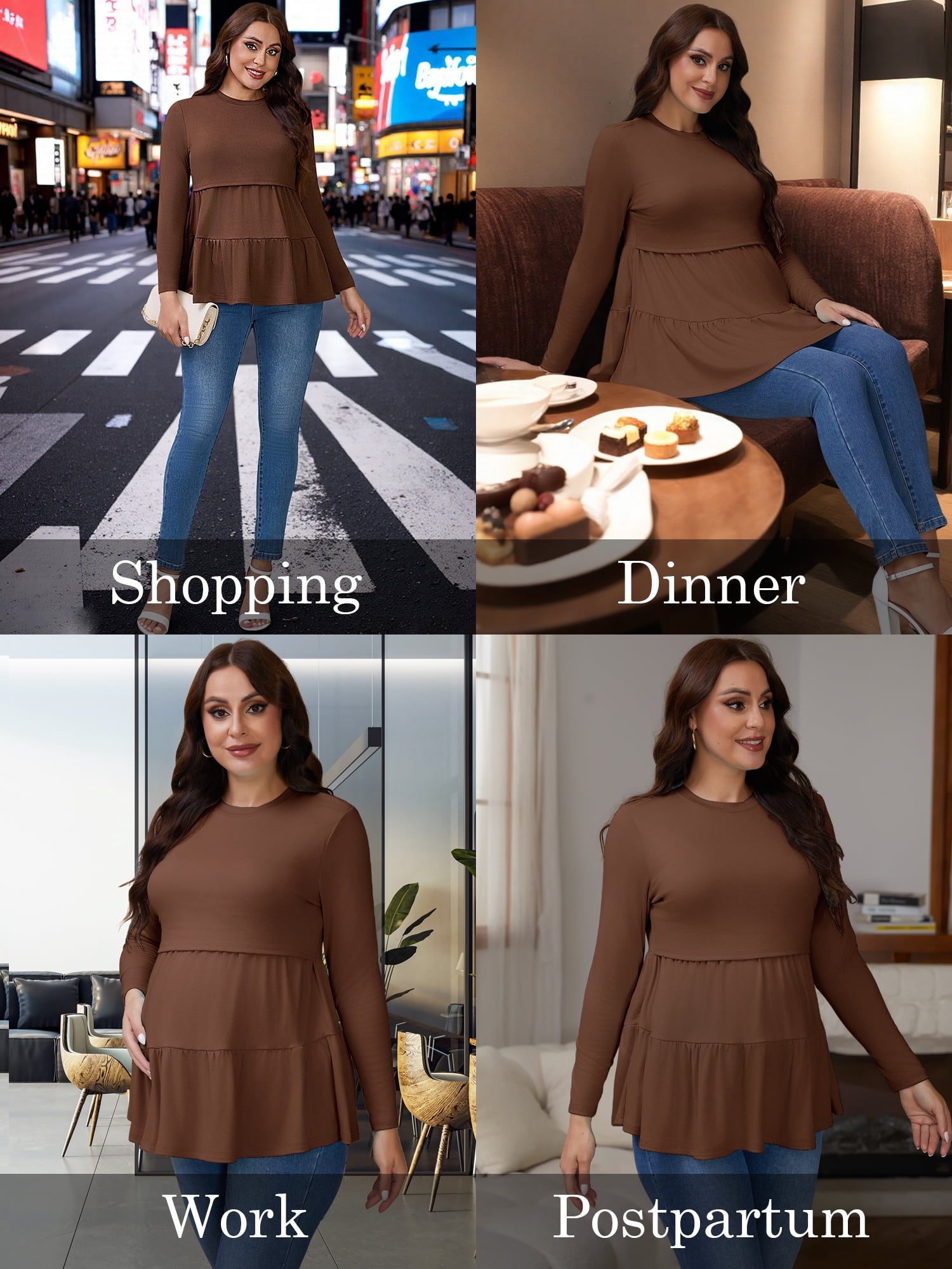 DARING DIVA Women's Nursing Breastfeeding Long Sleeve Tiered Pumping T-Shirts 2XL Brown