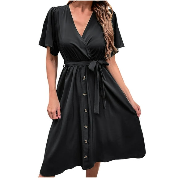 Bigersell Womens Summer Midi Dress Wrap V-Neck Short Sleeve Casual Loose Button-Down Dress with Belt Pleated A-Line Cocktail Party Swing Sundress Business Dresses, Black XL