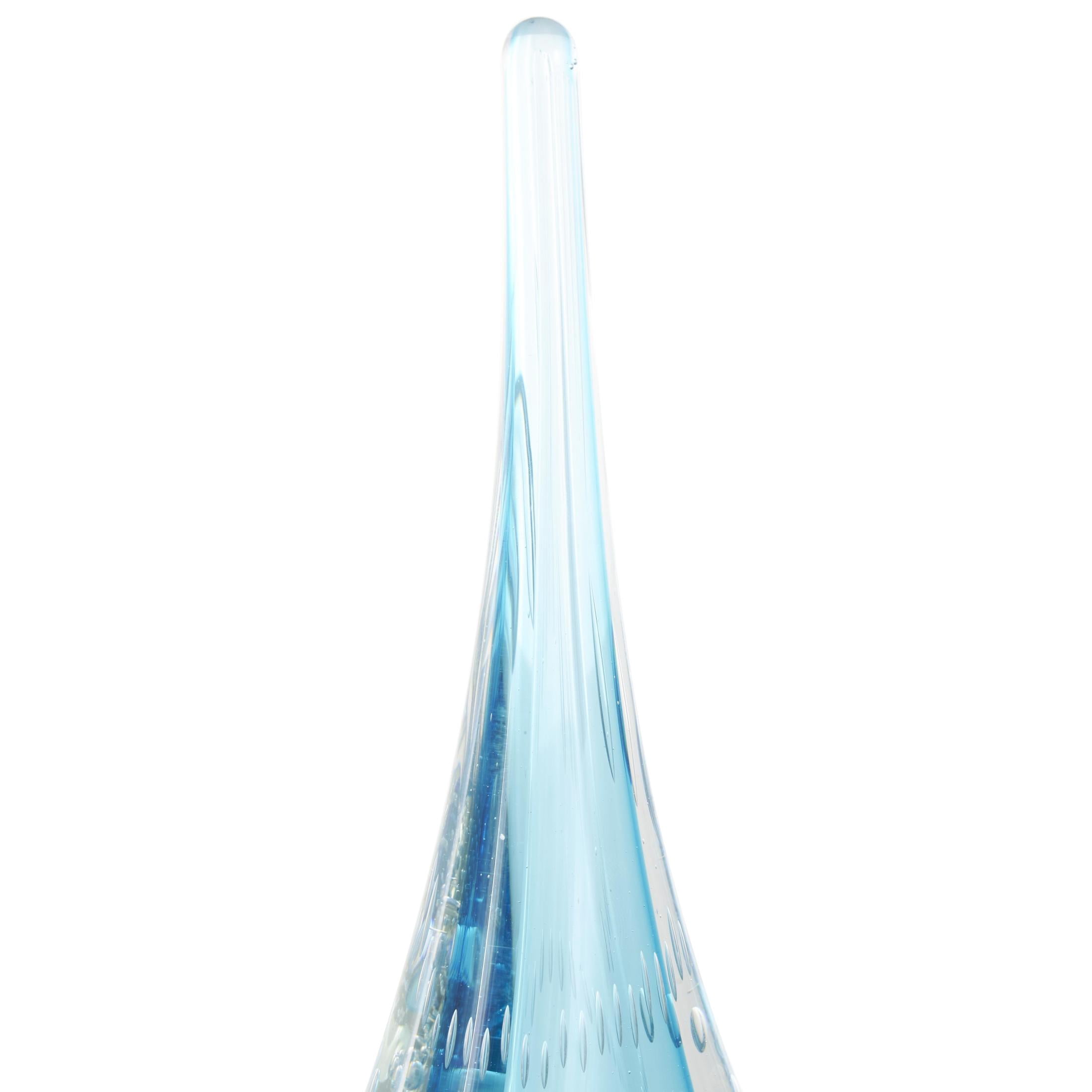5" x 13" Blue Glass Teardrop Abstract Sculpture with Clear Bubble Droplets, by DecMode