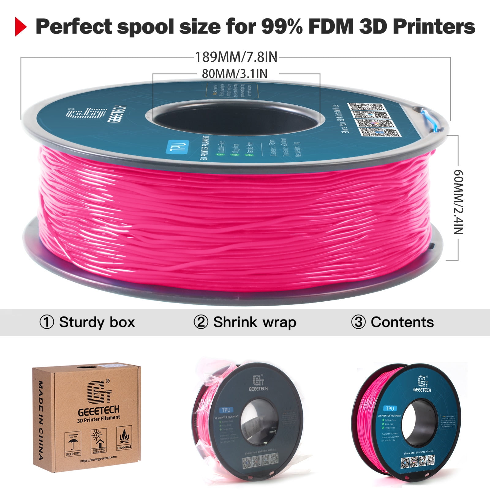 Geeetech 5pcs TPU Filament 1.75mm, Flexible 3D Printer Filament Roll, 5kg（11ibs） Spool, Dimensional Accuracy +/- 0.03 mm, Fit Most FDM Printer (TPU pink)