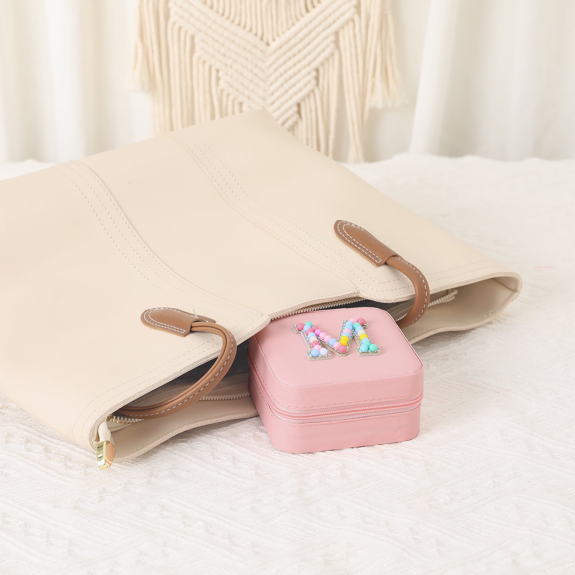 Unique Bargains Mini PU Leather Jewelry Box with Mirror Pink Letter M
