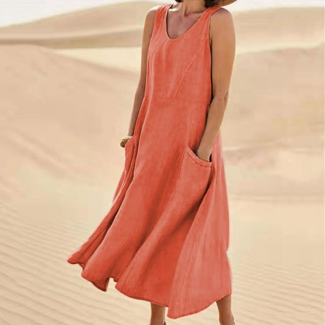 Meichang Robes de Printemps pour Femmes 2024 Robe Unie en Coton et Lin Décontractée à Col Rond Sans Manches Robes Maxi Robe d'Été de Plage et de Soleil avec Poches