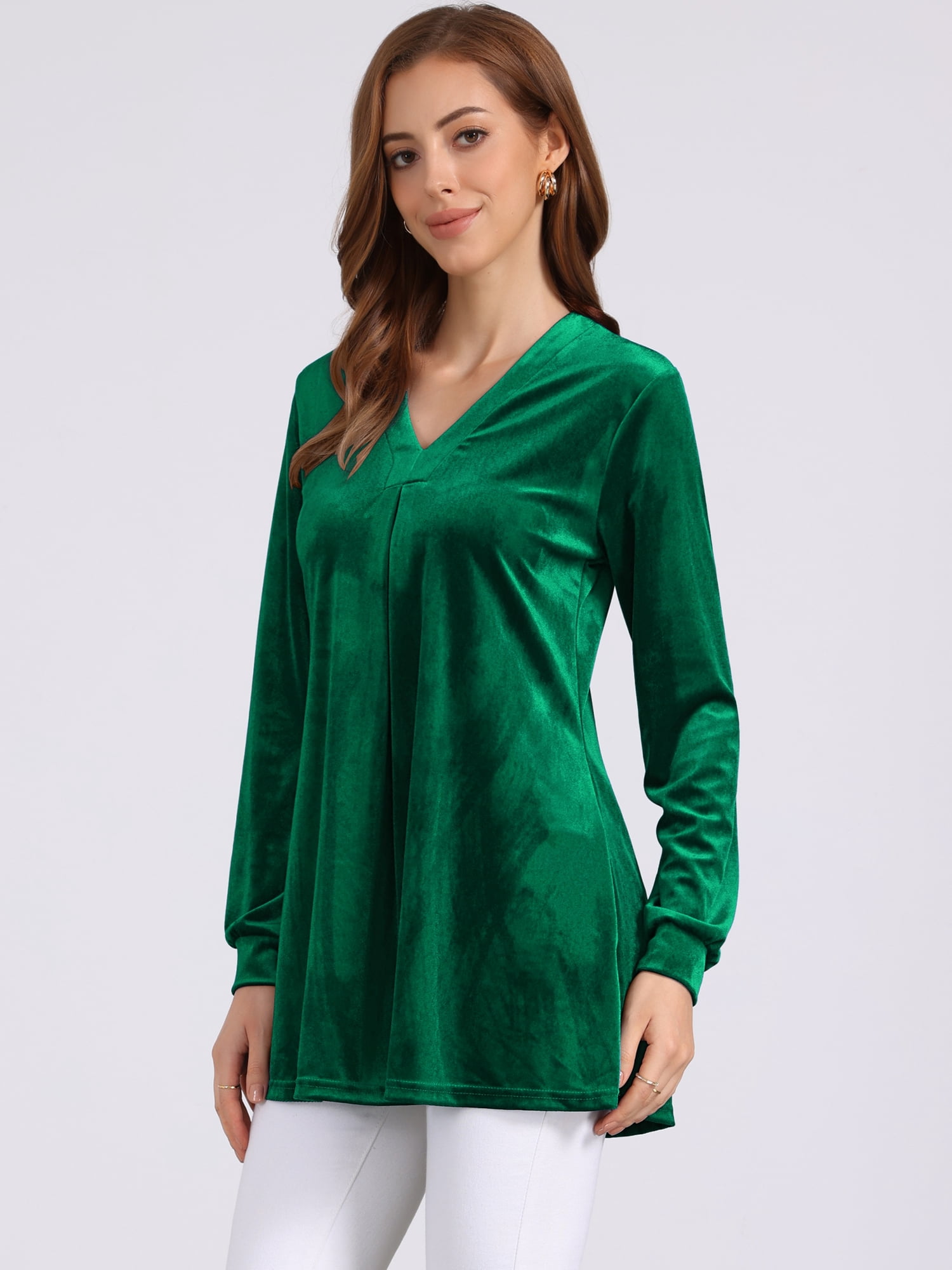 DARING DIVA Women's Velvet Top V Neck Long Sleeves Loose Blouse M Dark Green