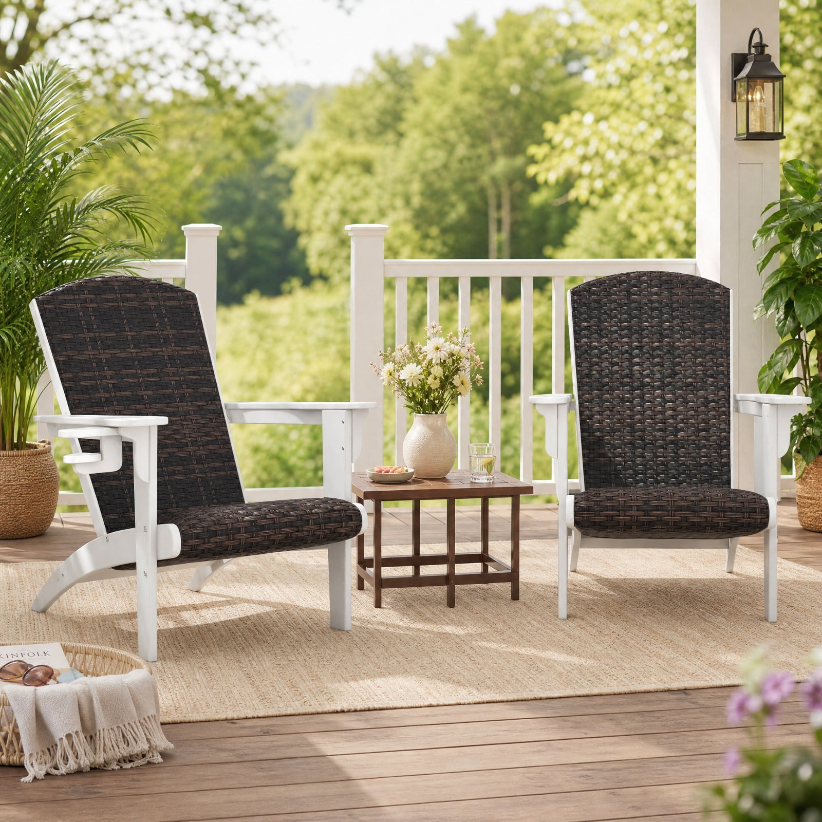 Furnibear Patio Adirondack Chair with Rattan Padded Seat HDPE Frame Wide Armrests and Hidden Cupholder for Backyard and Poolside, White