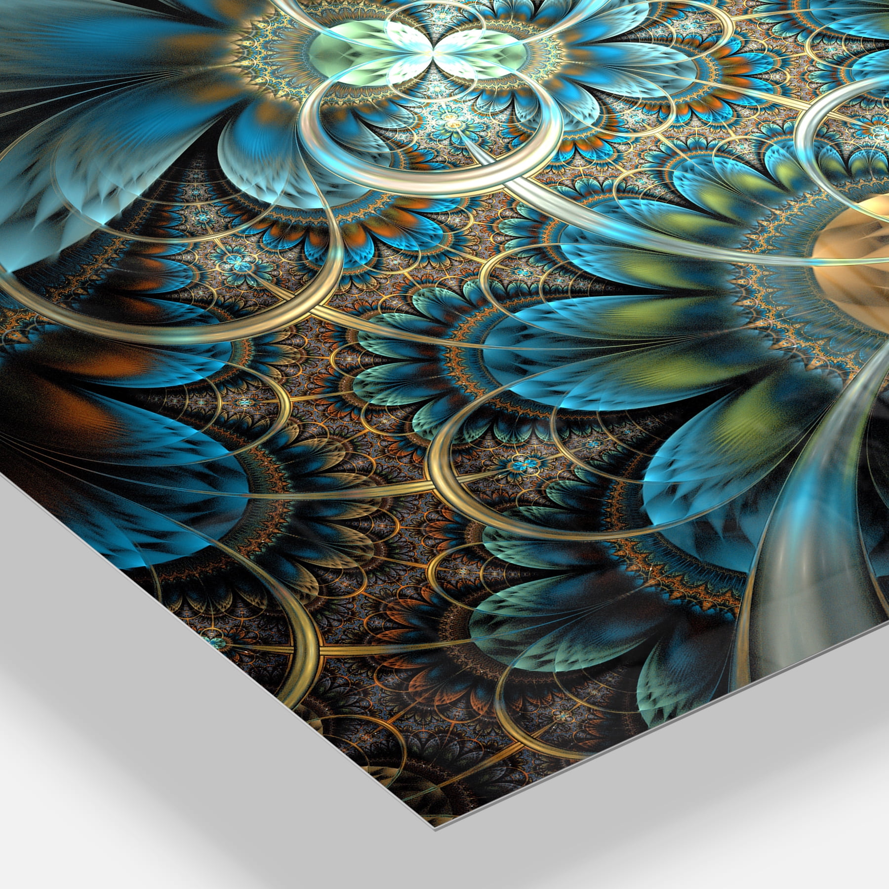 Designart 'Symmetrical Blue Gold Fractal Flower ' Large Contemporary Metal Wall Art Panels