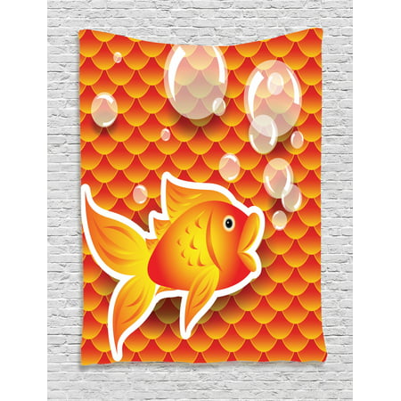 Orange Wall Hanging Tapestry Cute Small Goldfish Talking With