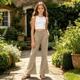 thumbnail image 6 of OGLCCG Girls 2 Piece Outfits 4-14 Years Kids Sleeveless Crop Tank Tops and Cotton Linen Flare Pants with Pockets Teens Summer Cute Clothes Sets, 6 of 7