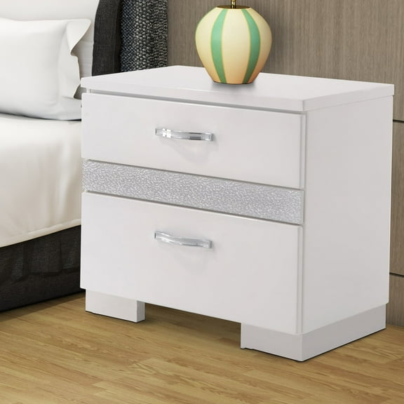 Wooden Nightstand With Three Center Metal Glide Drawers In White Gloss Finish
