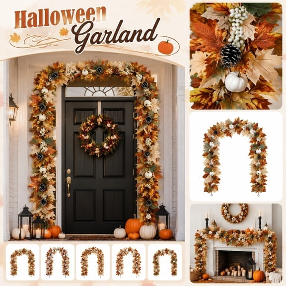 Fall Decorations, Hanging Outdoor Decor, Porch Decorations Outdoor, Halloween Decorations Outdoor, 79 Inch Artificial Fall Maple Leaf Pine Cone Vine Garland, Suitable for Front