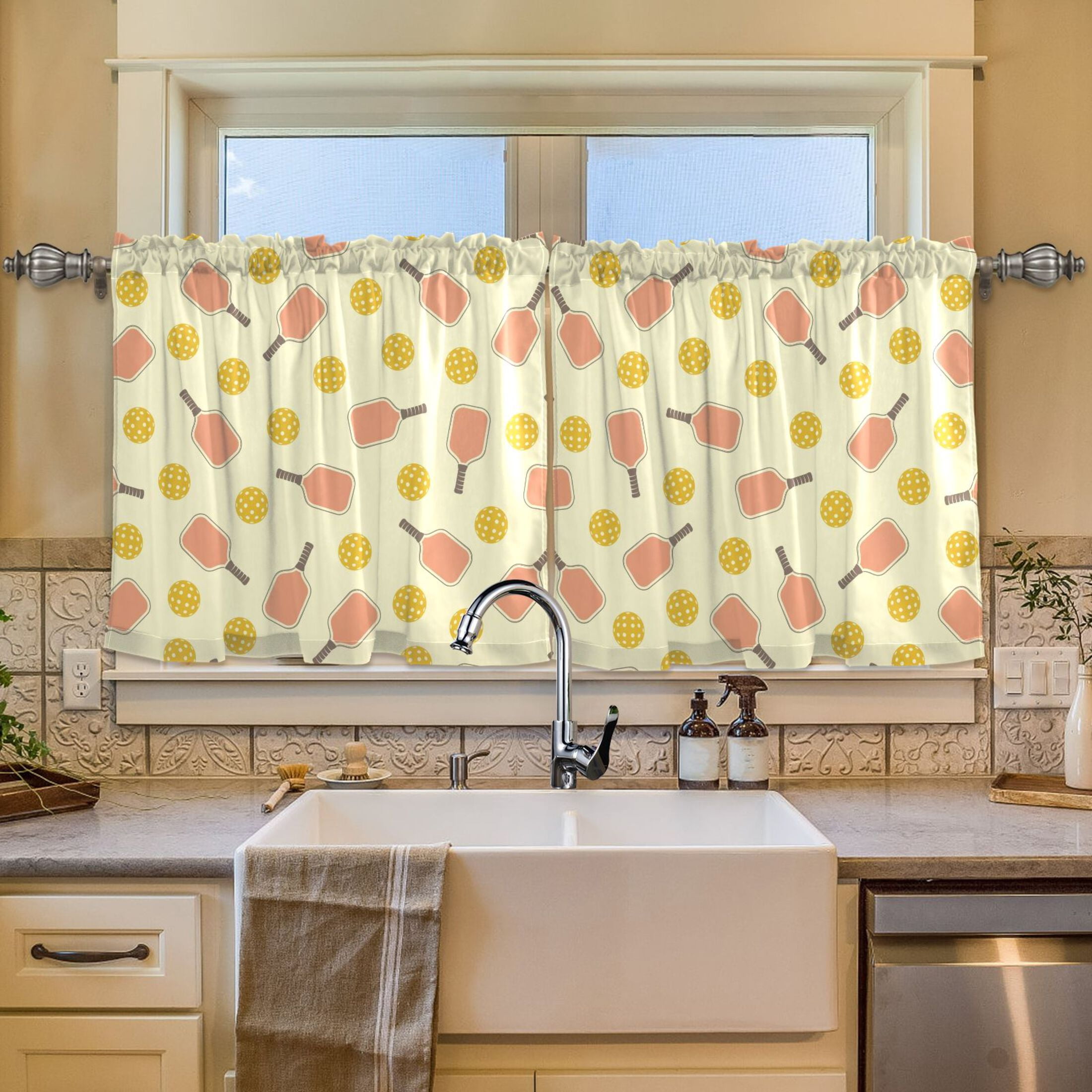 Ryvnso Yellow Pickleball Balls Curtains Sets Short Curtain Rod Pocket Half Window Cafe Farmhouse Tier 2 Panels 57"W x 24"L