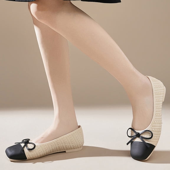 Willtoo Women’s Bow Decor Square Toe Ballet Flats, Woven Slip‑On Casual Dress Flats Lightweight Low‑Heel Walking ShoesNon Slip Daily Business Work Shoes