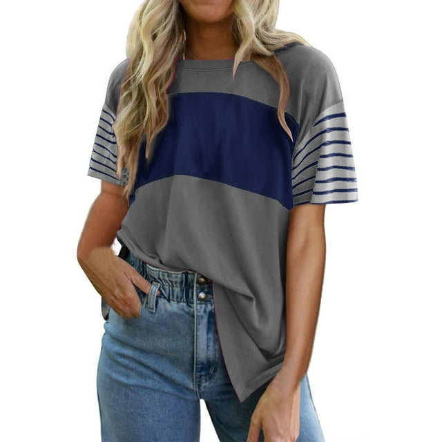 Summer Women's Trendy Oversized Crewneck Color - Block Striped Shirts