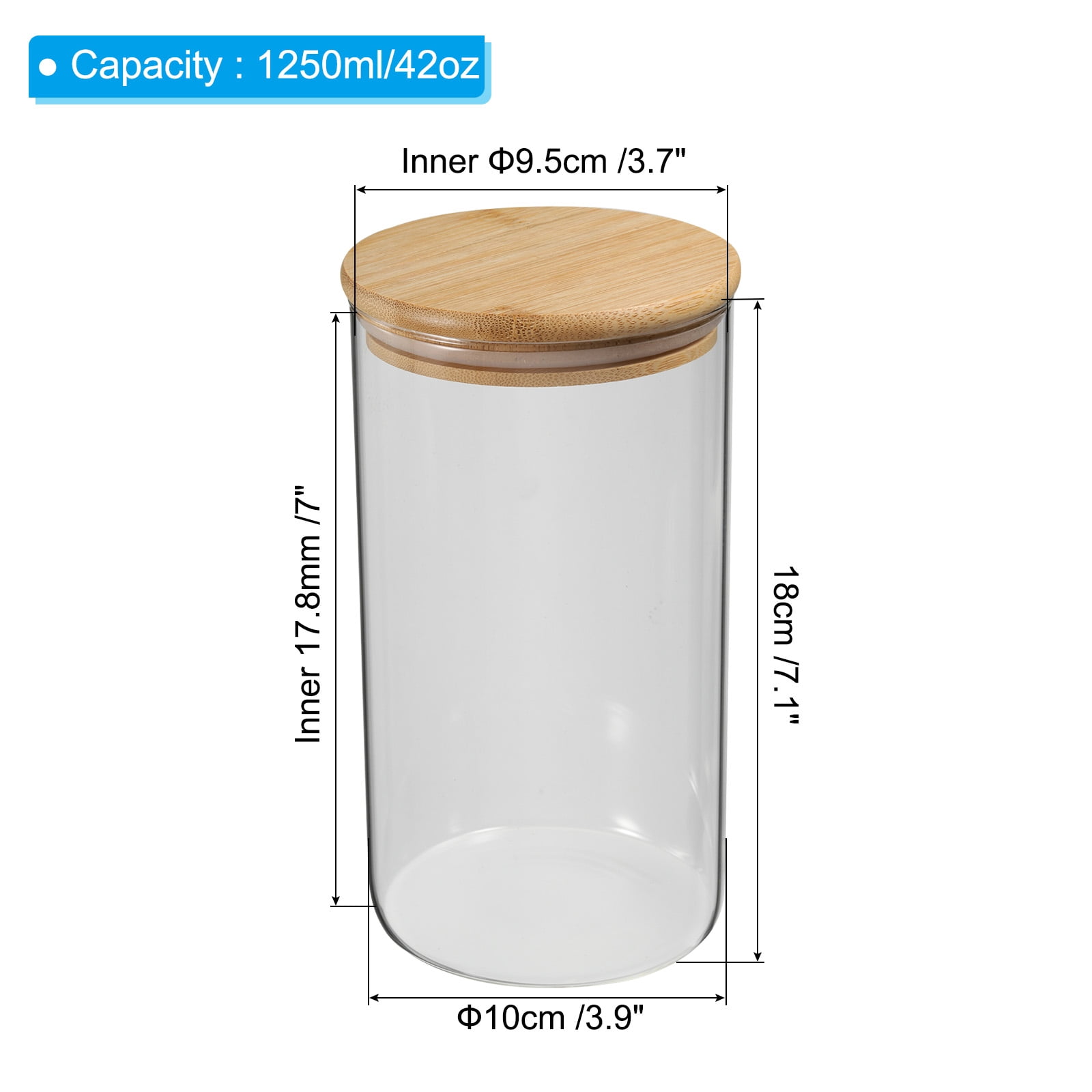 Uxcell 42 oz Glass Jar with Airtight Bamboo Lid Glass Kitchen Container Clear Food Storage Jar (18x10cm)