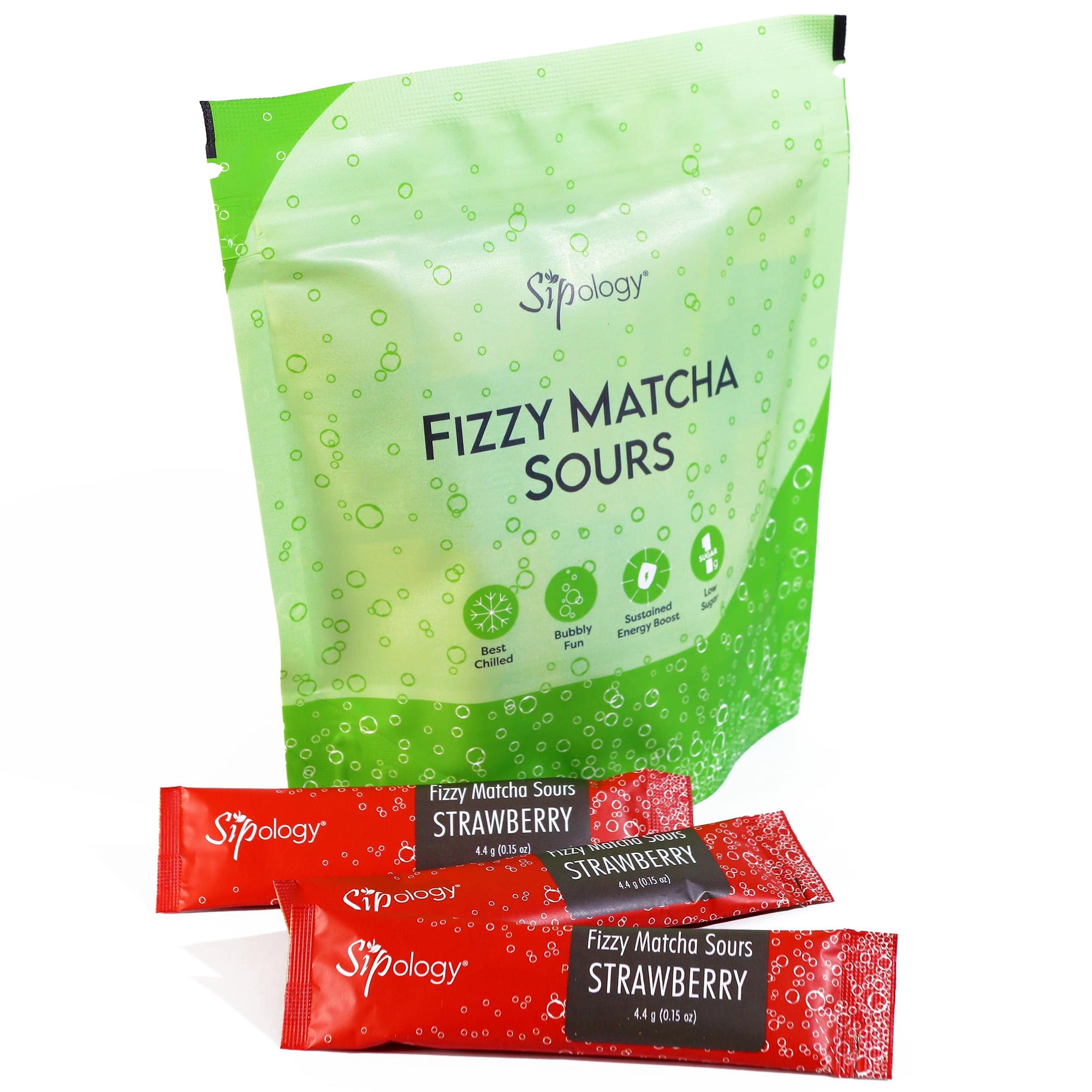 Sipology: Fizzy Matcha Sours - Strawberry - 15 Stick Pack - Sparkling Beverage Powder Mix, Japanese Matcha, Natural Energy Boost, Fruity Drink