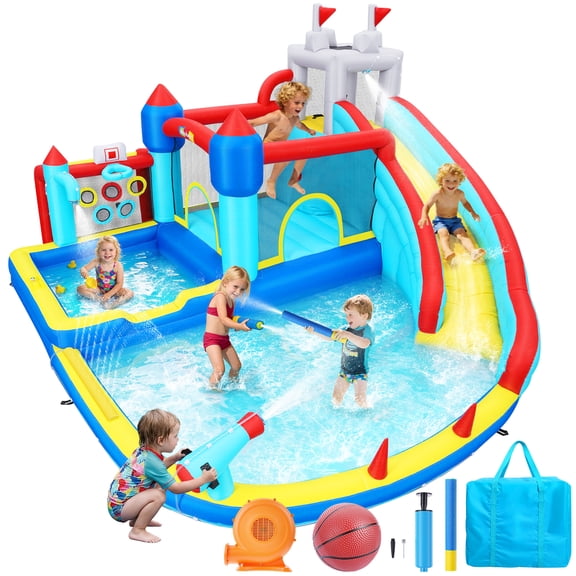 Veeboto Inflatable Water Slide with Dual Pools, Bounce House with Slide, Jumping Area, Water Spray Features, Basketball Hoop, Soccer Net, and 750W Blower for Wet/Dry Water Park, Indoor/Outdoor Use