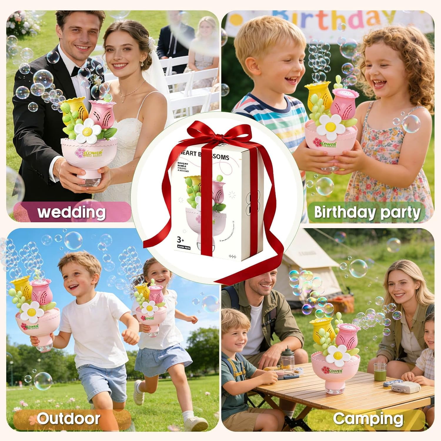 Flower Bubble Machine, Automatic Bubbles with RGB Lights, Rechargeable Outdoor Bubble Blower for Party Wedding Birthday, Portable Summer Fun