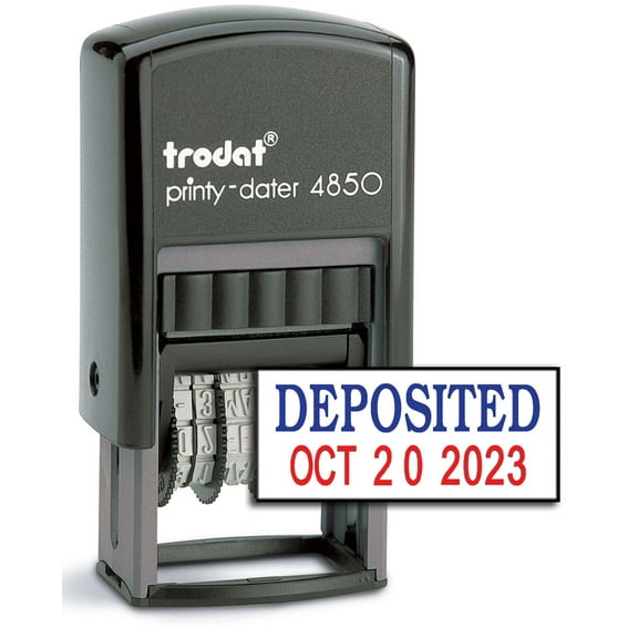 Trodat 4850 Date Stamp with DEPOSITED, Self Inking Stamp - Blue/Red Ink