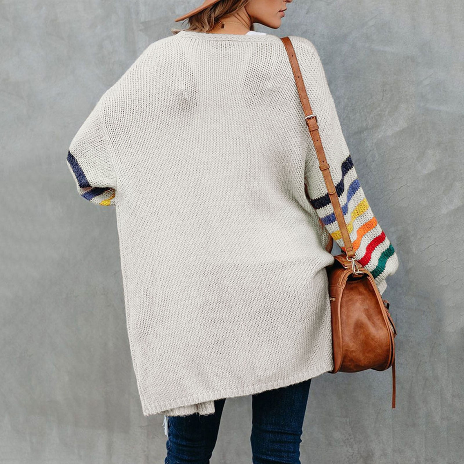 Skpblutn Women'S Cardigan Sweaters Winter Fall Casual Comfortable Tops Over Plus Size Warm Rainbow Stripe Print Open Front Fashion Outwear Neck Long Sleeve Knit Sweater Coats White Xl