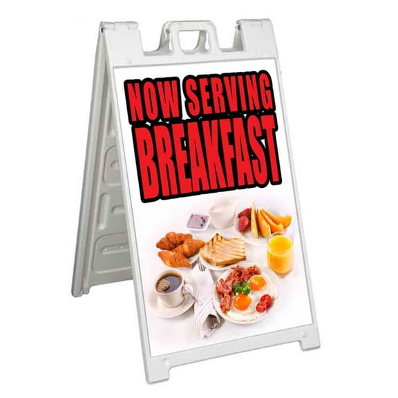 Now Serving Breakfast (24" X 36") Standard A-Frame Signicade, Includes Decal Applied To Stand