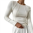 thumbnail image 2 of Camisas de Larga para Mujer, Corte Entallado, Cuello Redondo, Ropa de Otoño, Costuras Expuestas, Blusas Básicas Acanaladas. S, 2 of 7