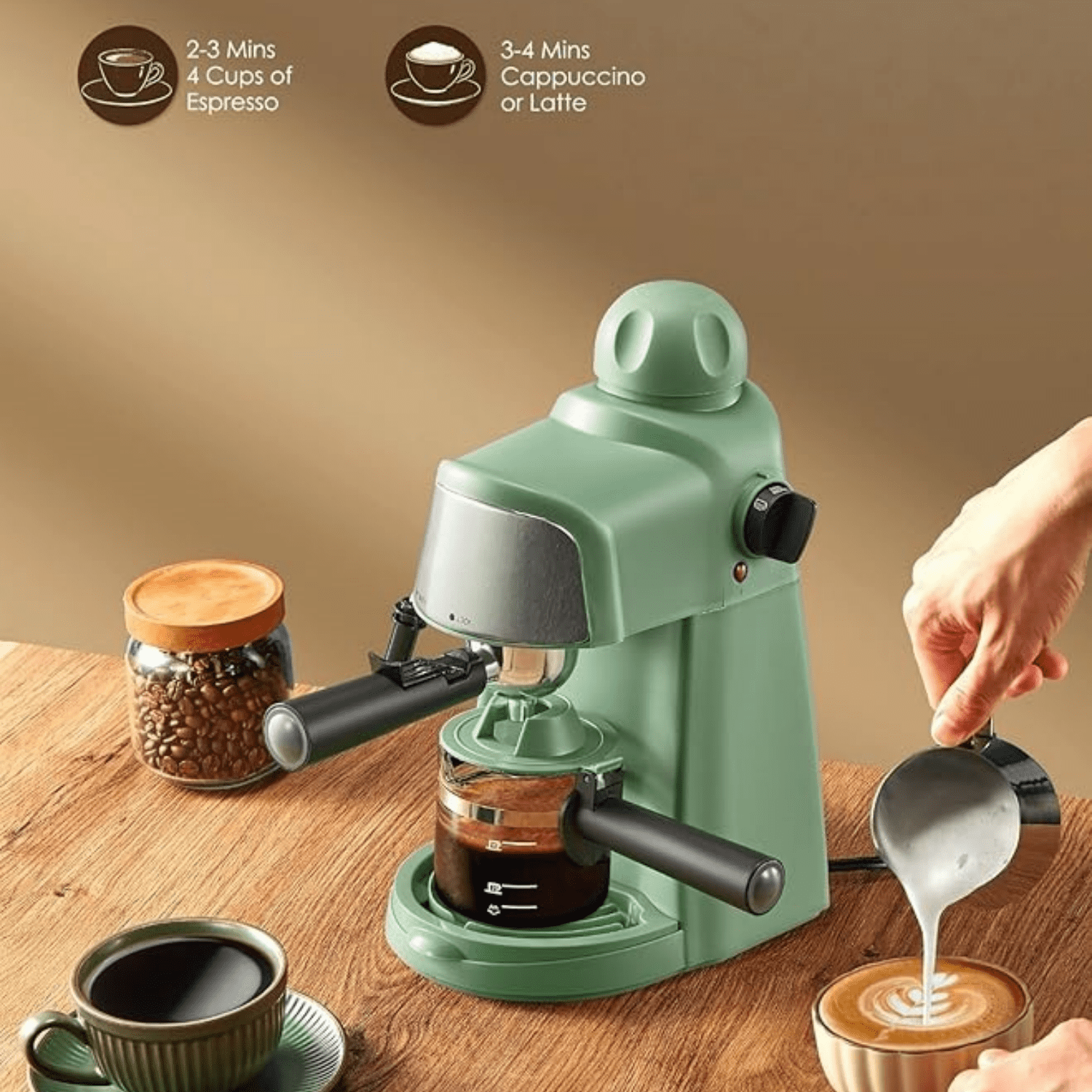 Espresso and Cappuccino Machine with Fast Heating Function, 1-4 Cups Coffee Maker with Milk Frothing Function and Steam Wand (Green)