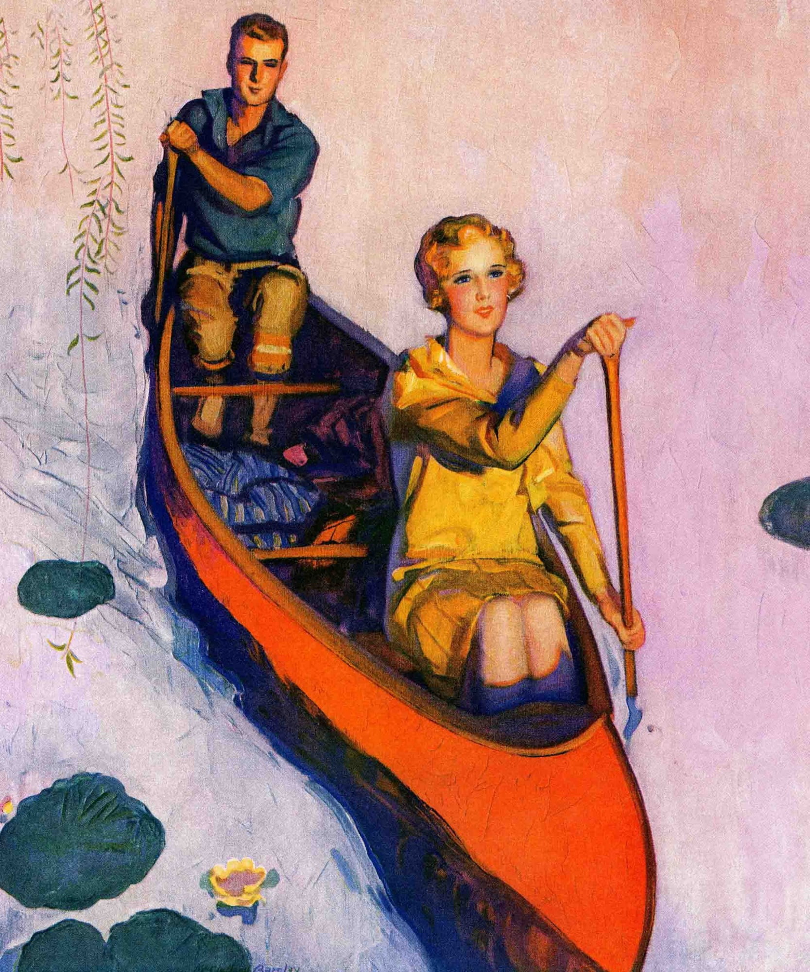 Marmont Hill Couple Paddling Canoe by McClelland Barclay Painting Print on Canvas