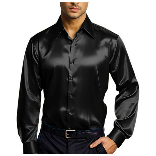 Mens Casual Fashion Bright Face Solid Color Lapel Long Sleeve Shirt, Polyester Material