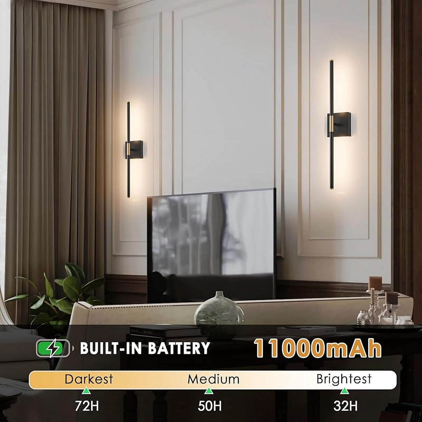 Battery Operated Wall Sconces Set Of 2 - 15800 MAh, Dimmable, Remote Control, 3000K-6000K, Black & Brass