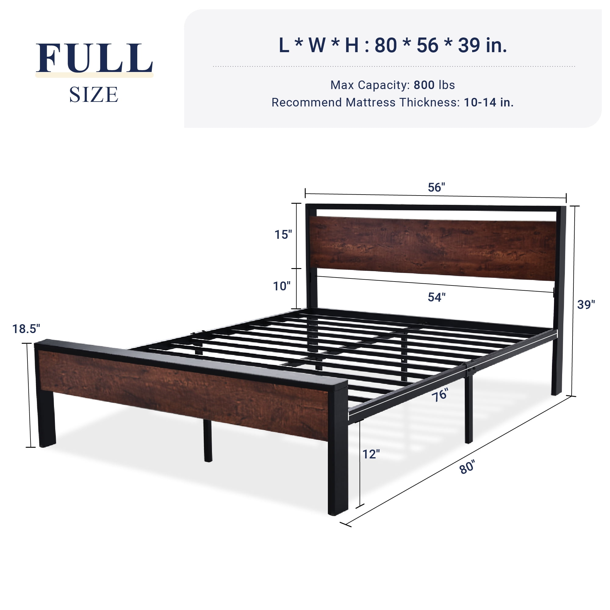 Allewie Full Size Bed Frame, Heavy Duty Metal Platform Bed with Wooden Industrial Headboard & Footboard, No Box Spring Needed, Mahogany