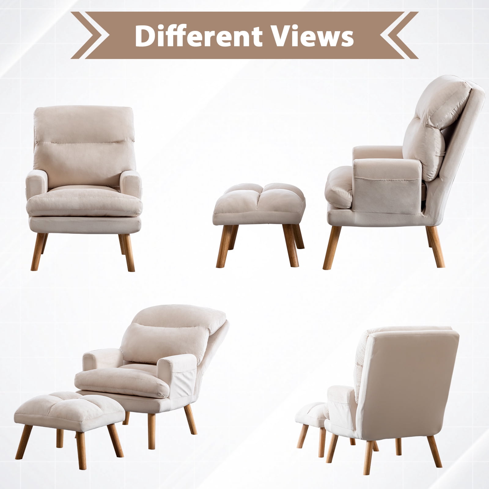 Bonzy Home Accent Chair with Ottoman, Adjustable Backrest Seat,Velvet Fabric Chair for All Age,Beige