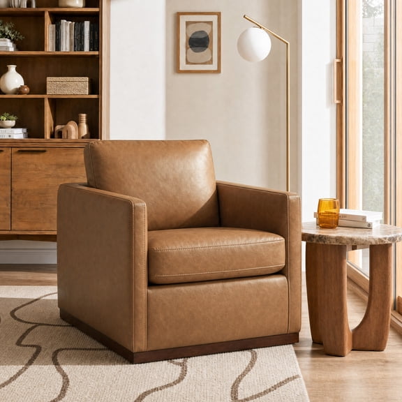 CHITA Swivel Accent Chairs for Living Room, Comfortable Arm Chairs for Bedroom,Faux Leather in Saddle Brown