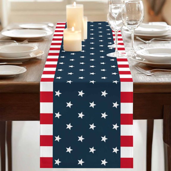 Table Runner,Independence Day Patriotic Stars on Blue Kitchen Dining Table Runners Tabletopations Red White Stripes Border Tablerunner Dresser Scarves for Home Party Wedding Birthday,13x72in