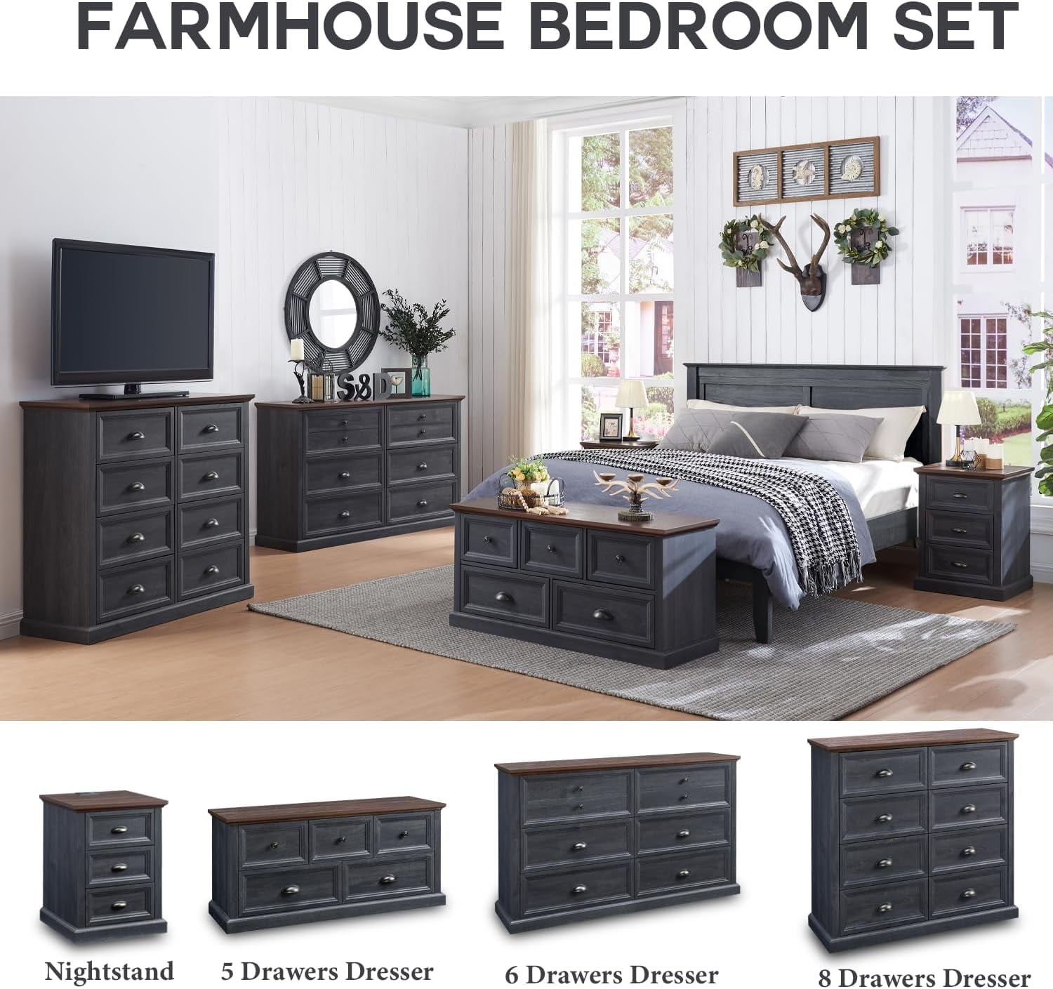 SinCiDo 5 Drawer Dresser for Bedroom, Farmhouse Chest of Drawers, Wood Tall Large Organizer Storage, Drawer for Living Room