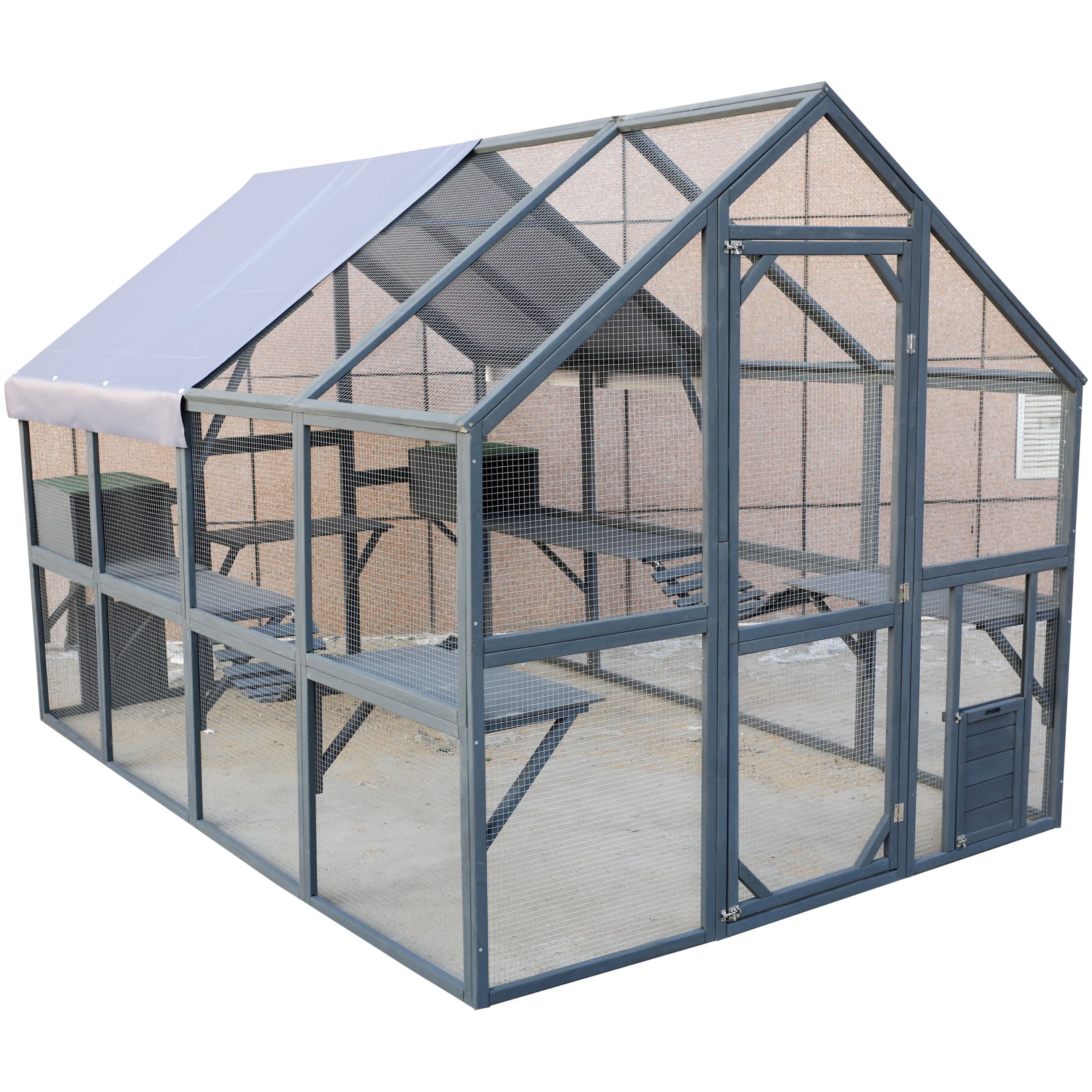 Large Outdoor Cat Enclosure Wooden Catio with Bridges, Walks, Small Houses, Roof Cover 110 Inch Gray
