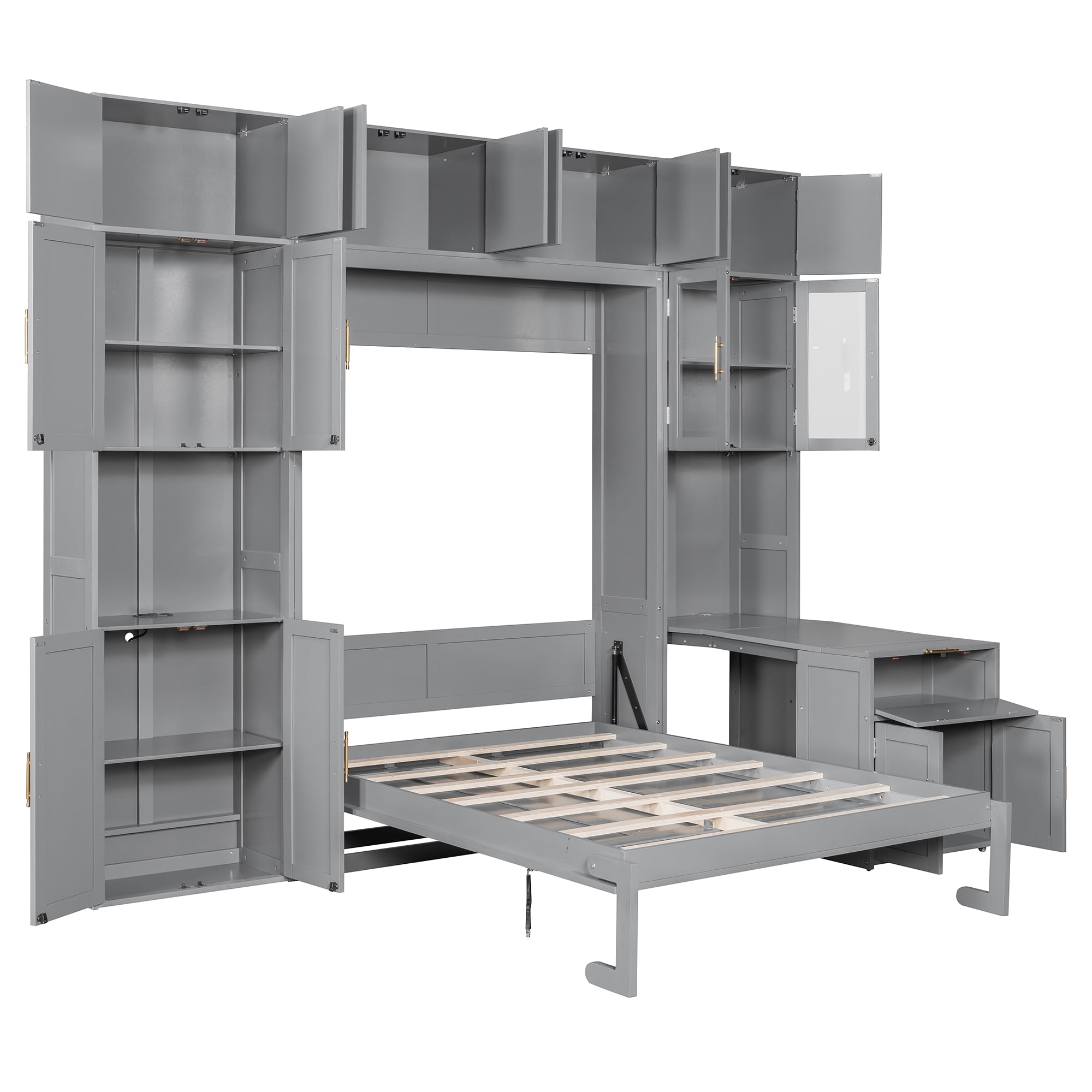 Full Size Murphy Bed with Storage Hutch, Writing Desk, USB, LED Lighted for Small Space, Guest Room