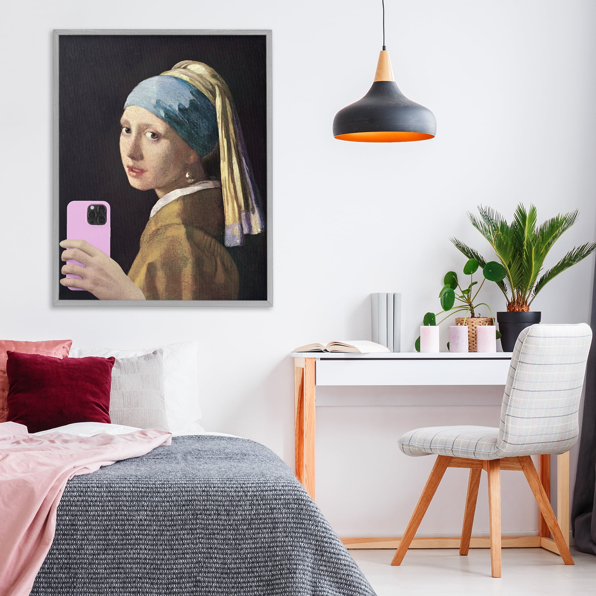 Girl With Pink Phone Funny Gray Framed Giclee Art, design by Masters Redux