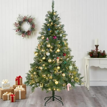WZTO 6 Foot Prelit Christmas Tree Lighted Artificial Christmas Tree with Pine Cones Frosted Holiday Decoration Christmas Pine Tree with Metal Stand for Shop Yard chic