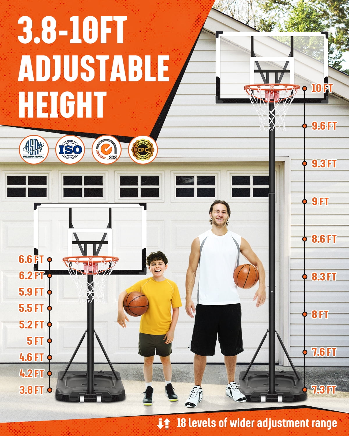 SERAY Basketball Hoop with 44 inch Backboard and 2 Wheels, Basketball Hoop Outdoor 3.8-10 feet Adjustable Height for Kids/Adults Outdoor/Indoor Sports