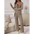 thumbnail image 4 of Women 2 Piece Knit Lounge Set Soft Stretchy Striped Outfit Long Sleeve Self-Tie Front Top High Waist Flare Pants Khaki S, 4 of 9