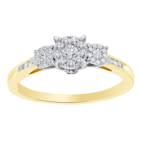 3 Cluster Diamond Ring - White Natural Diamond Cluster Three Stone Engagement Ring in 10k Yellow Gold (0.33 Cttw)